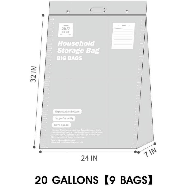  24/7 Bags- Jumbo Double Zipper 20 Gallon Bags, 9 Count, Stand  and Fill, Carry Handle, BPA-Free, Air Tight Seal : Health & Household