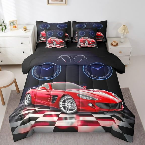 Erosebridal Racing Car Bedding Sets Twin Size,Geometric Plaid Comforter Sets with Sheets,Extreme Sports Bed in a Bag Twin size,Super Cozy Sport Car Bedroom Decoration,Reversible,7-Piece