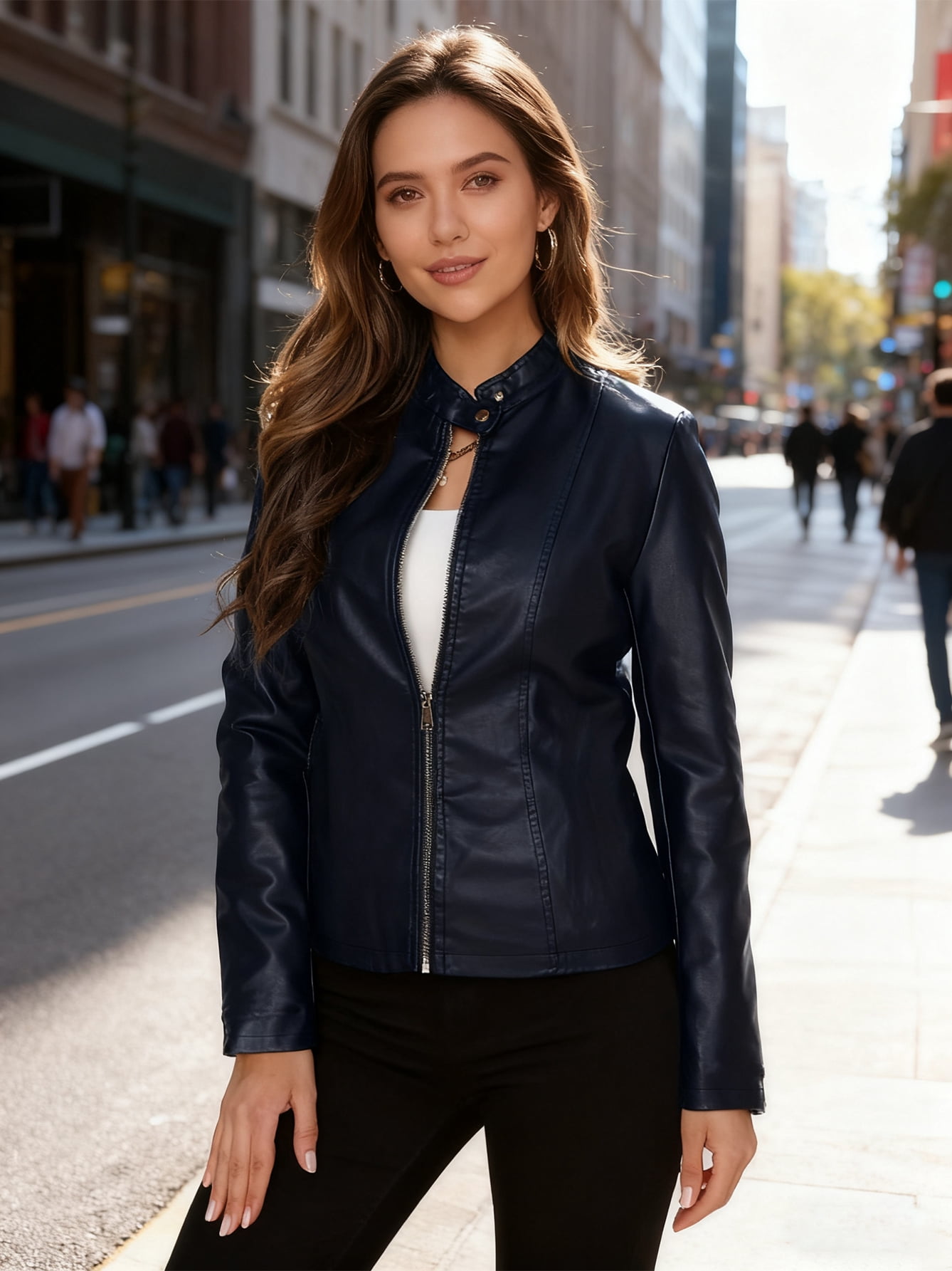 Women's Faux Leather Jacket, Stand Collar Moto Biker PU Coat for Women, Slim Fit Zippered Outwear for Casual Fall Winter Fashion