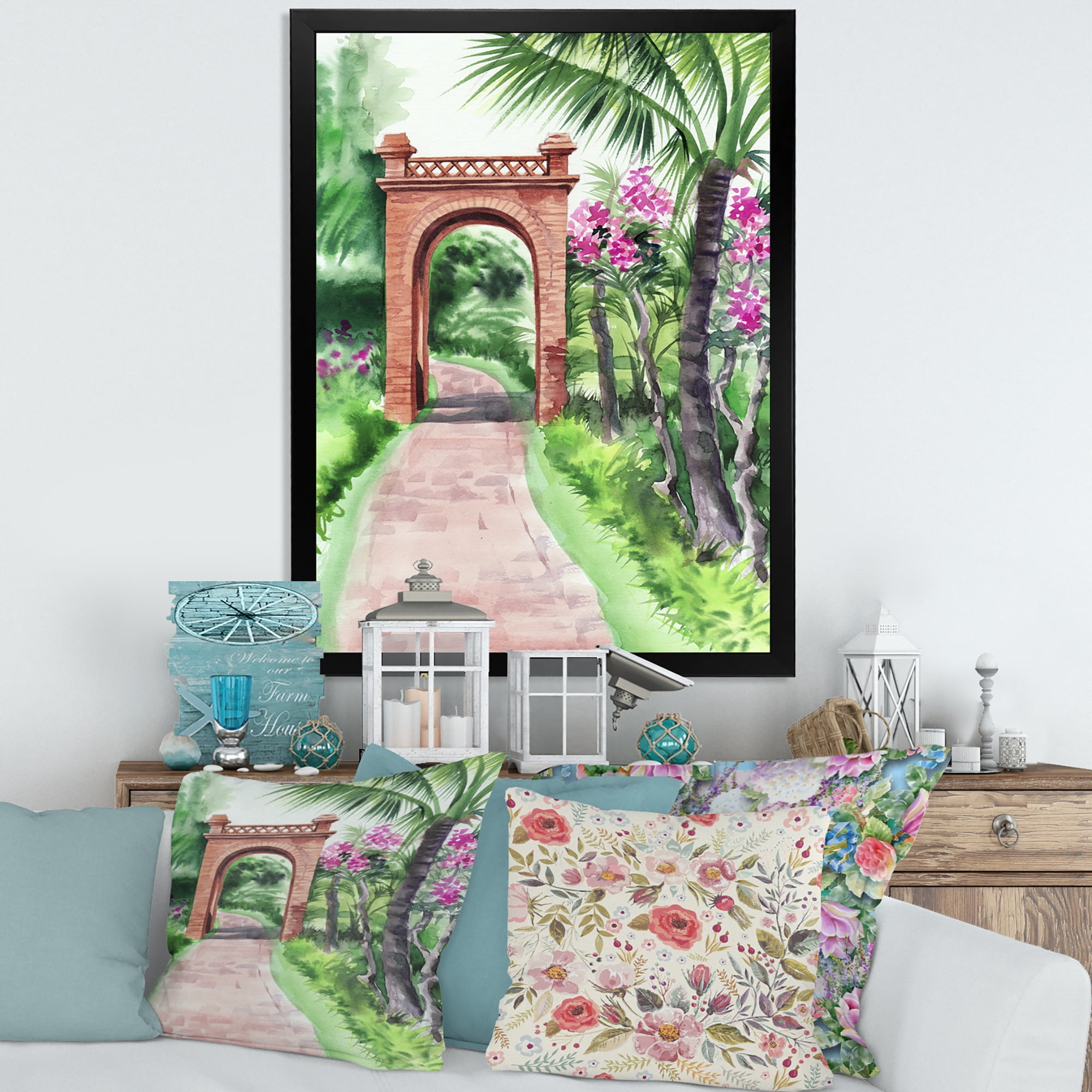 Designart 'Traditional Gate On Path In Tropical Oasis' Tropical Framed Art Print