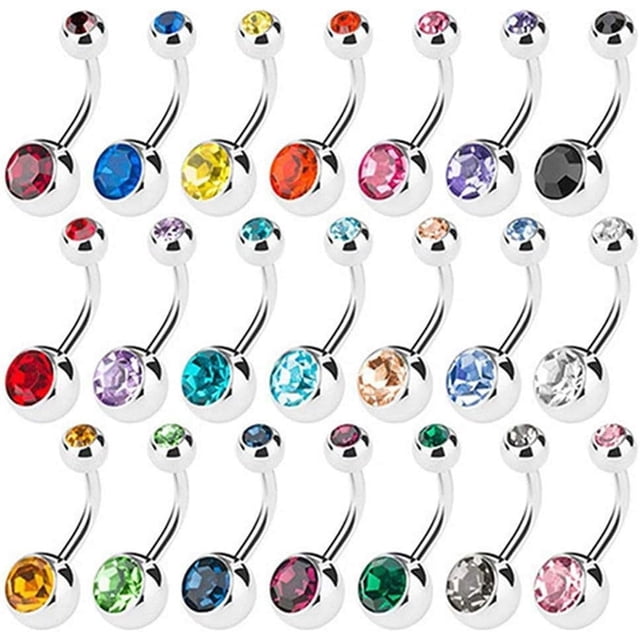 Woeilo 15 Pieces Women Belly Bars Navel Buttons Rings Colored Rhinestone Inlay Body Piercing Barbells Random Color