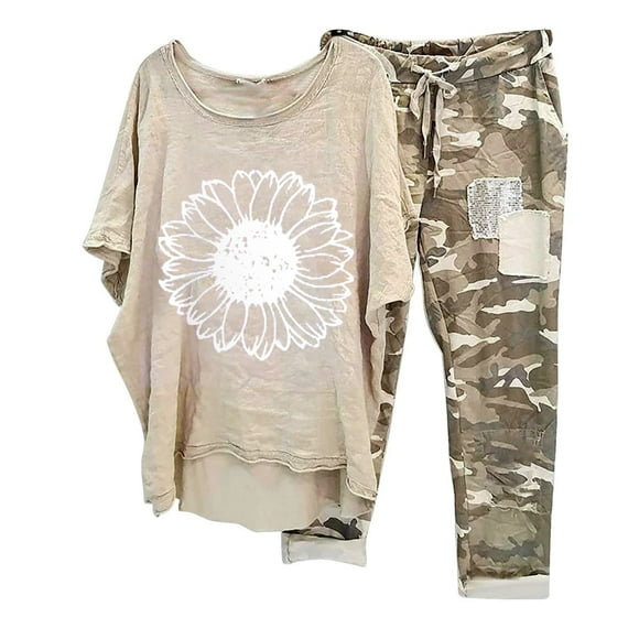 lcziwo Women's Linen Set Camouflage Outfits for Women 2 Piece Sets Casual Cotton Linen Sets Oversized T Shirts Camo Capri Pants Set Plus Size 2024 White,S