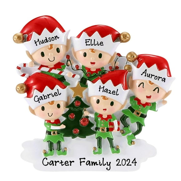 Ornement de Noël Personnalisé Elfes Faisant des Choses 2024 - Décoration de Famille d'Elfes Arbre de Noël - Joyeux Nouvel An Décoratif Neuf (Famille de 5)