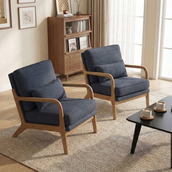 EOP Mid-Century Modern Accent Armchairs Set of 2 with Solid Wood Frame, Removable Soft Cushion & Lumbar Pillow, Upholstered Reading Leisure Chairs for Living Room Bedroom Balcony Waiting Room, Blue