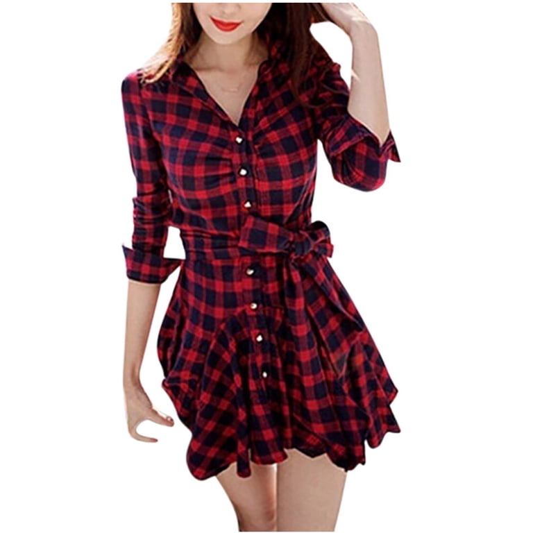HAPIMO Rollbacks Womens Plaid Dresses Flannel Babydoll Dress Casual Lapel  Collar Tunic Dress Long Sleeve Belted Fall Dresses with Pockets Red XL -  Walmart.com