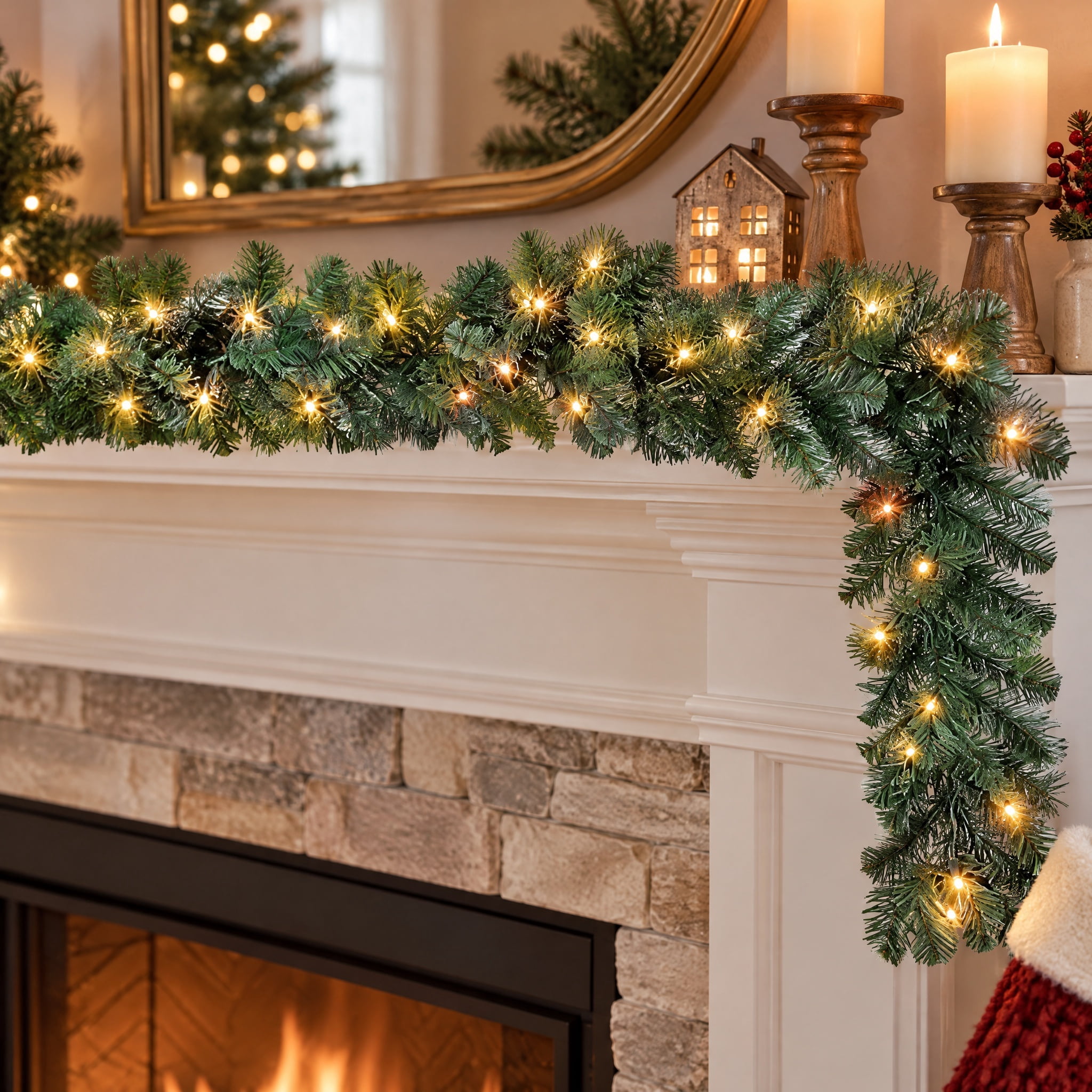 Napa Pre-Lit Warm White LED Artificial Christmas Garland, Green, 9', by Holiday Time