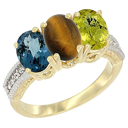 - 14K Yellow Gold Natural London Blue Topaz, Tiger Eye & Lemon Quartz Ring 3-Stone 7x5 mm Oval Diamond Accent, sizes 5 - 10