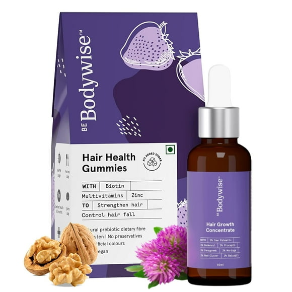 Be Bodywise Essential Hair Growth Pack with Actives | Biotin Hair Gummies (30 Days Pack) & Hair Concentrate Serum 50ml | with 3% Redensyl, 3% Procapil