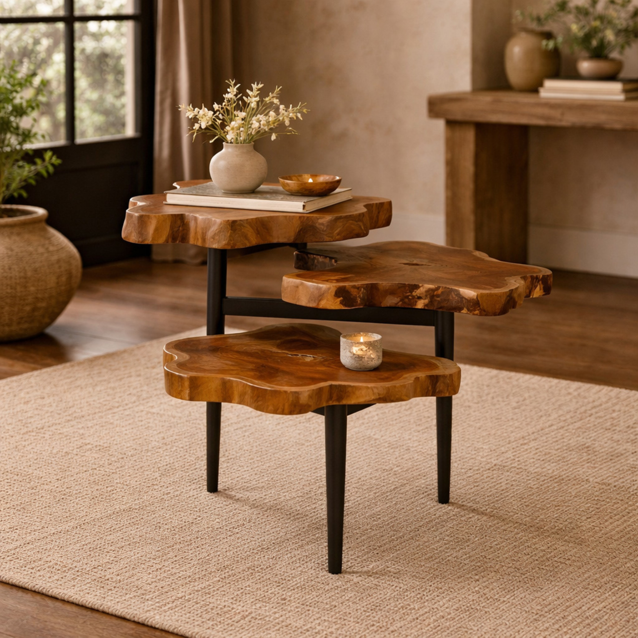DecMode 32" x 24" Brown Teak Wood Handmade Live Edge 3 Tier Accent Table with Black Metal Base, 1-Piece