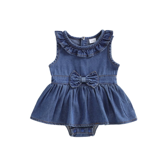 BemeyourBBs Newborn Baby Girls Denim Romper Dress One Piece Western Cowgirl Outfit Cute Infant Baby Girls Summer Clothes Ruffled Collar Front Bow Jeans Dress Bodysuit Jumpsuit Playsuit