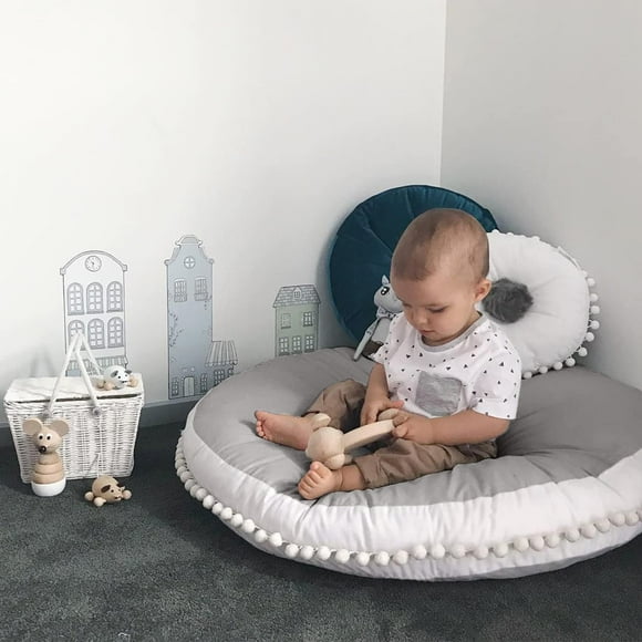 Kishome Grand Coussin de Sol pour Enfants, Coussin de Sol Rond pour Enfants, Oreillers de Salle de Jeux Ronds Coin Lecture Grand Coussin, Tapis Surdimensionné pour Siège Enfant Tipi Crèche, Gris