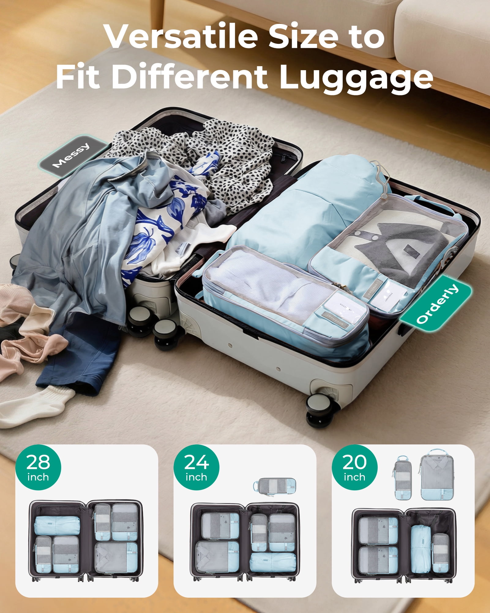 BAGSMART Compression Packing Cubes for Travel Luggage, 6 Pcs Expandable Packing Organizers Foldable Lightweight Suitcase Storage Bags for Travel Accessories, Women Men, Light Blue