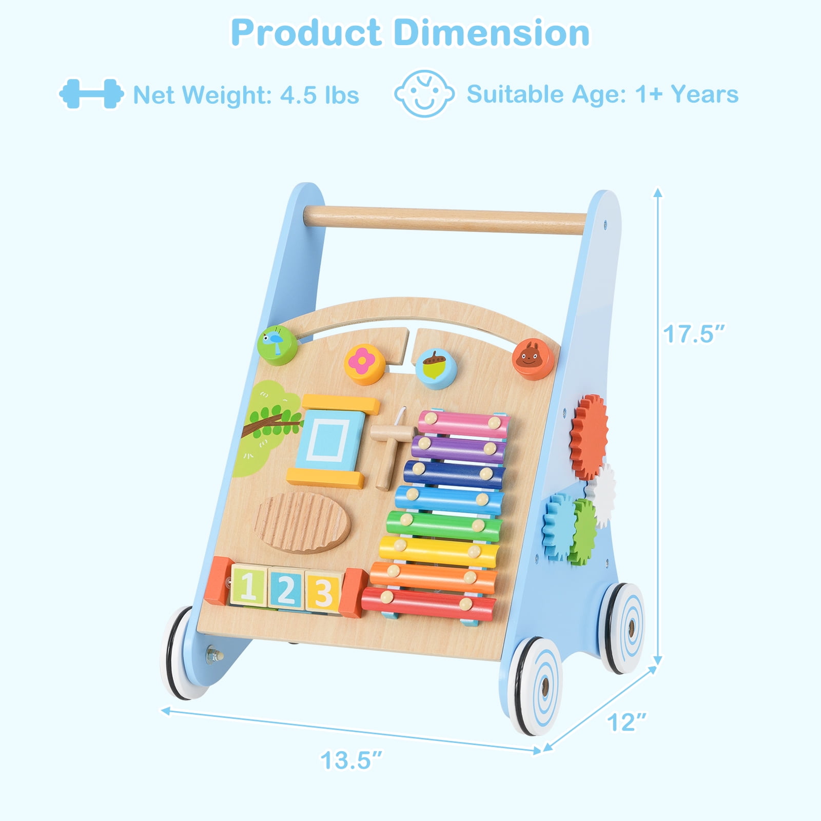 INFANS Wooden Baby Walker, Montessori Walker with Multiple Activity Toys, Storage, Push Walker Toys for Infant Learning to Walk, Sit to Stand Walker for Boys Girls Aged 1+ Years