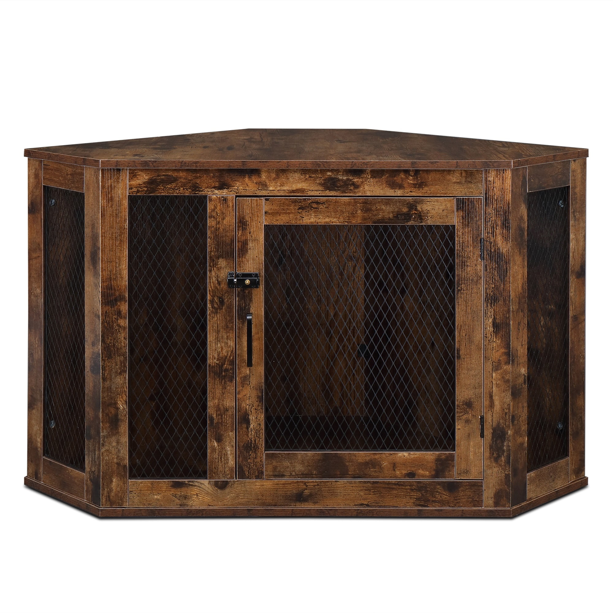 Pefilos 44" Furniture Corner Dog Crate, Dog Kennel with Wood and Mesh, Dog House, Pet Crate Indoor Use, Brown Pefilos 44" Furniture Corner Dog Crate, Dog Kennel with Wood and Mesh, Dog House, Pet Crate Indoor Use, Brown