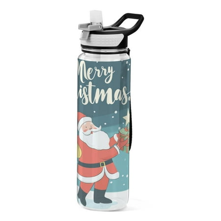 

32oz Transparent Sports Water Bottle with Straw BPA Free Tritan for Kids Adults Outdoor School Gym Fitness Santa Claus and Tree