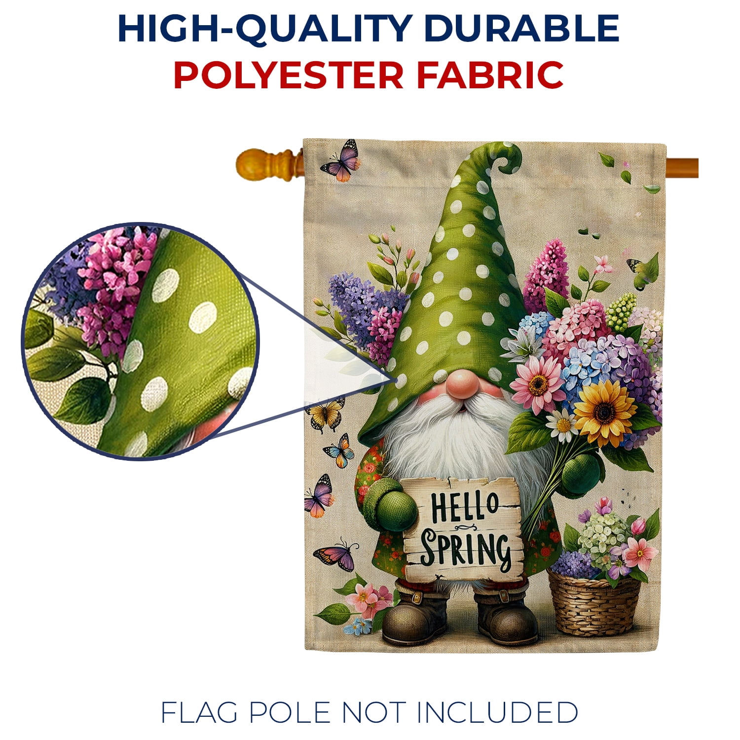 America Forever Hello Spring Gnome House Flag 28x40 inch Double Sided, Polka Dot Gnome Hat, Geranium Flowers, Butterfly Floral Garden Yard Flags for Outdoor Decoration, Seasonal Spring Home Decor