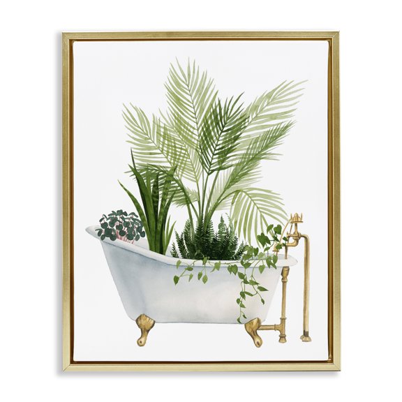 Various Plants Greenery Vintage Tub Gold Floating Frame Canvas Art, 17 x 21, Made In USA