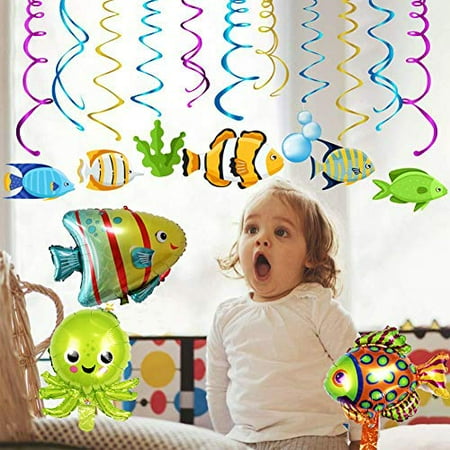 72Pcs Tropical Fish Party Decorations for Kids Under The Sea Party Supplies Tropical Fishes Hanging Swirl Decorations Happy Birthday Banner Ocean Animals Balloons Cupcake Toppers Ocean Theme Birthday