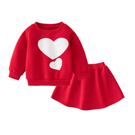 

Little Girls Toddler Kids Baby Valentine s Day Clothing Set Long Sleeve Heart Printed Lined Winter Warm Sweatshirt Tops And Skirt Outfits