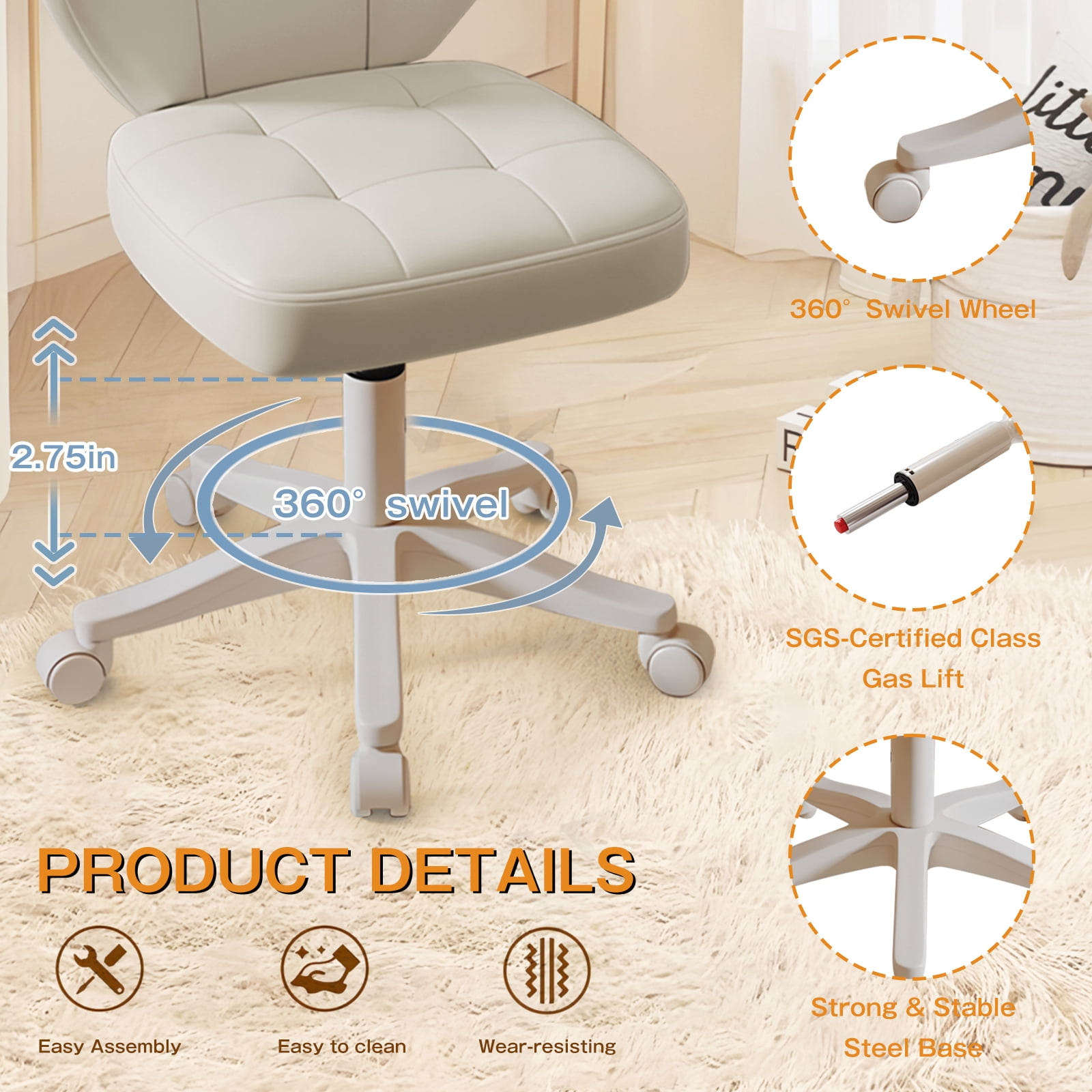 Vanity Chair with Back – Small Armless Office Chair with Wheels, Lumbar Support, PU Leather, Adjustable Height, 360° Swivel for Home, Bedroom, Office White