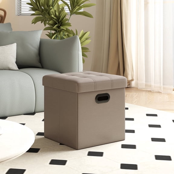 LEDREM 15 Inch Storage Ottoman with Metal Handles, Foldable Footstool with 660 lb Capacity for Living Room and Bedroom, Camel Brown