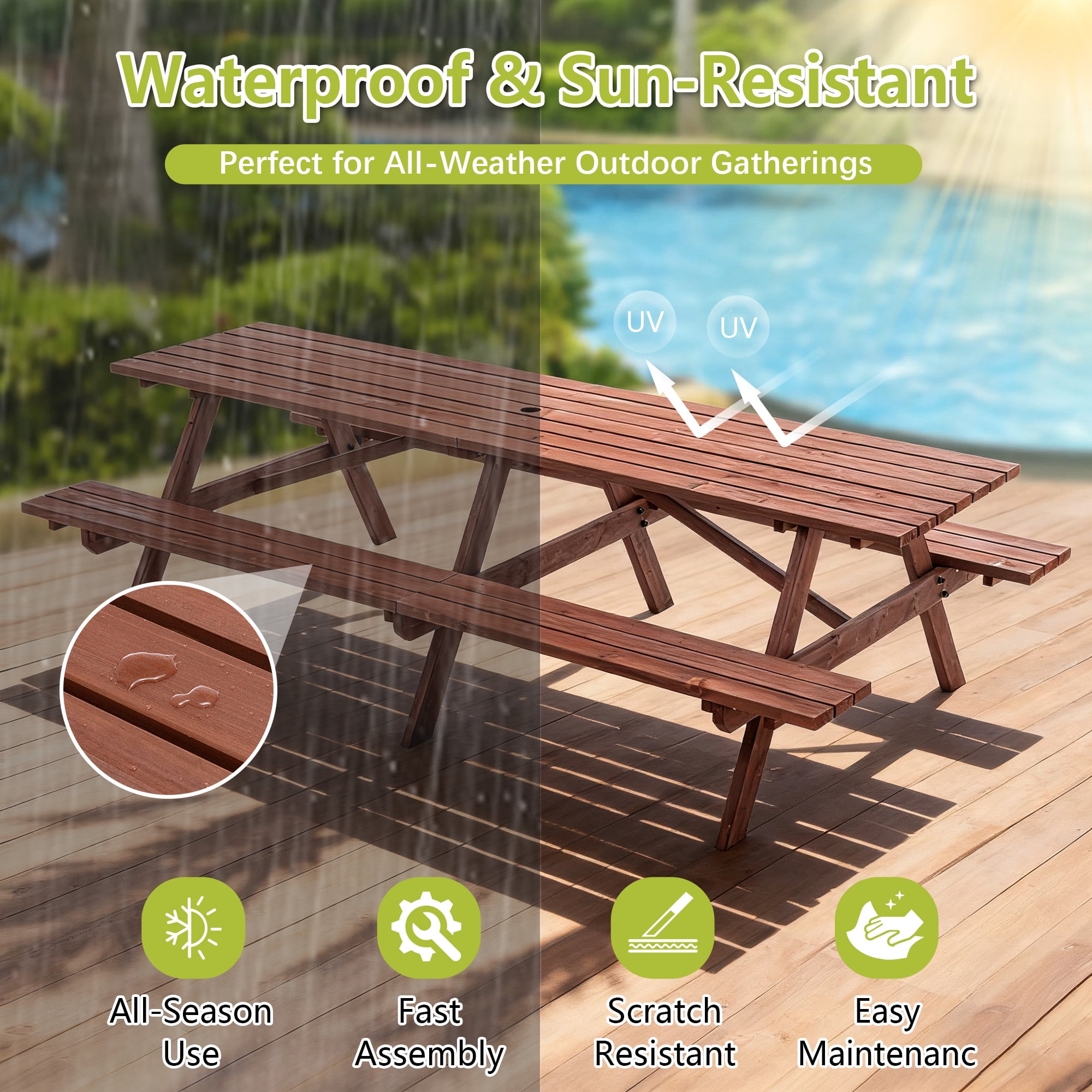 95 Inch Picnic Table,Extra Large 12-Person Wooden Picnic Table with 2 Built-In Benches,Outdoor Camping Dining Table for Backyard,Garden,Patio,2220 lbs Capacity