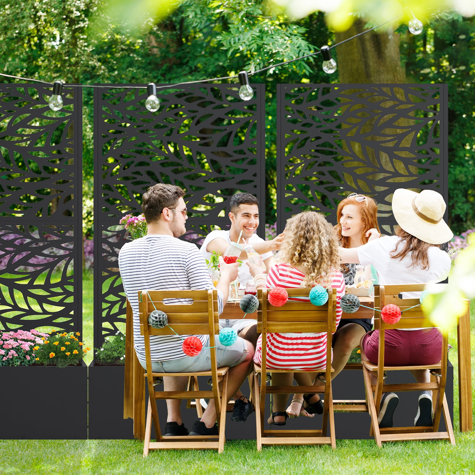MAYEERTY 2-Set 59*30" Outdoor Black Metal Planter Box with Trellis for Climbing Plants, Flowing Leaves Panel