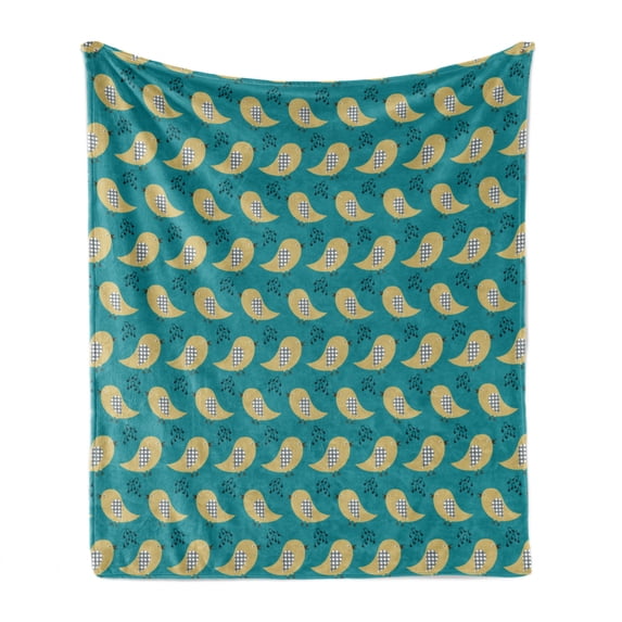 Birds Soft Flannel Fleece Blanket, Singing Flying Doves of Polka Dotted Wings Music Melody Sound Theme Print, Cozy Plush for Indoor and Outdoor Use, 70" x 90", Khaki and Petrol Blue, by Ambesonne