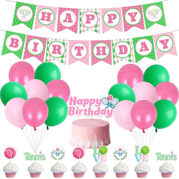 Tennis Themed Birthday Party Decorations Pink Sports Theme Banner Cake Cupcake Topper Supplies Tennis Enthusiast Birthday Party Decorations Tennis Ball Party Decor for Women Girls Adult Kids