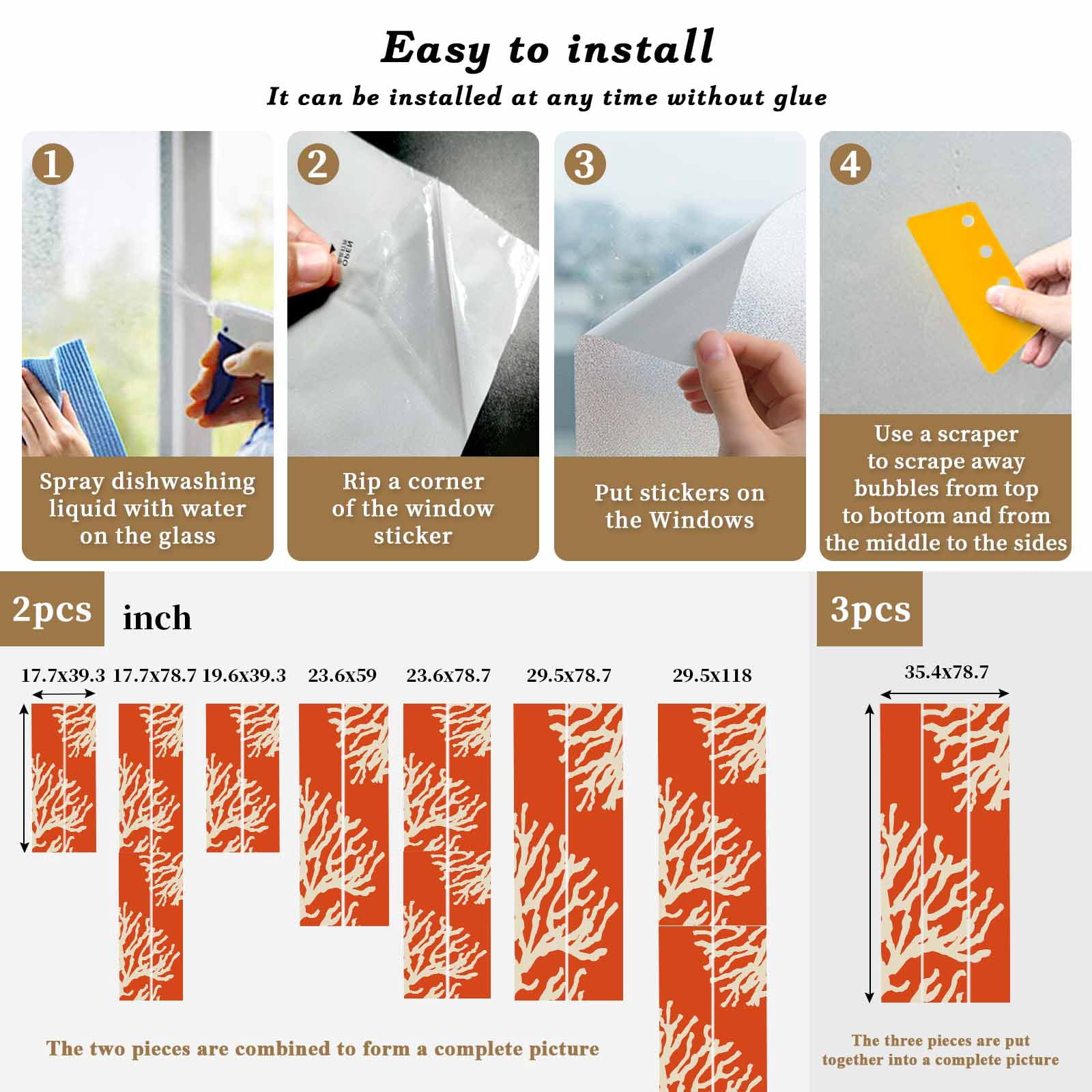 Coral Orange Window Privacy Film, Coastal White Ocean Marine Nautical Beach Static Cling UV Sun Blocking Heat Control Window Tint, Non-Adhesive One Way Windows Privacy Cover 17.7''x39.3''