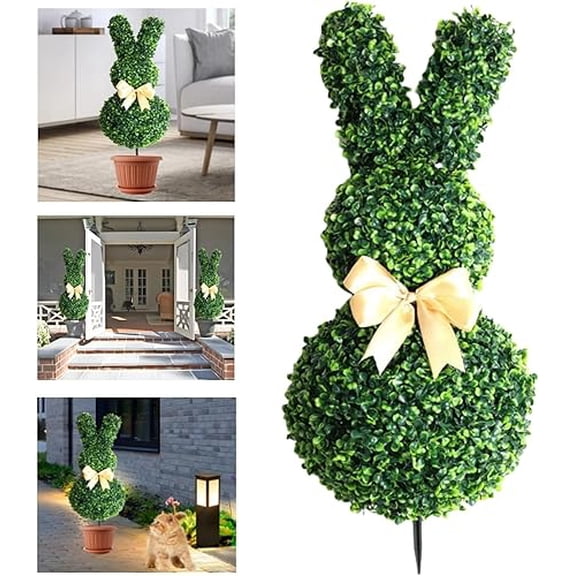 JEWLALO 28" Easter Bunny Topiary Outdoor, Artificial Boxwood Bunny Topiary Trees with Ground Spike for Indoor, Outdoor Home Porch, Wedding Events, Spring Easter Decorations