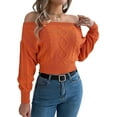 thumbnail image 3 of Womens Off the Shoulder Solid Cable Knitted Pullover Jumper Top Casual Long Sleeve Cropped Sweaters Orange Color L, 3 of 9