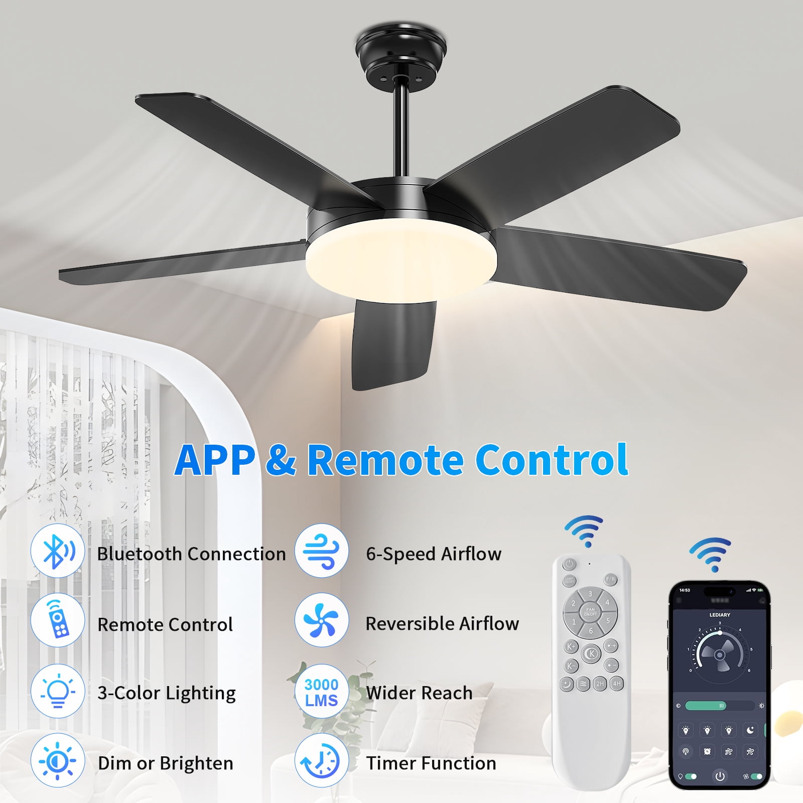 Kaqinu Ceiling Fans with Lights and Remote & App Control,45 inch Modern Ceiling Fans,6 Speeds 3 Colors for Indoor Black