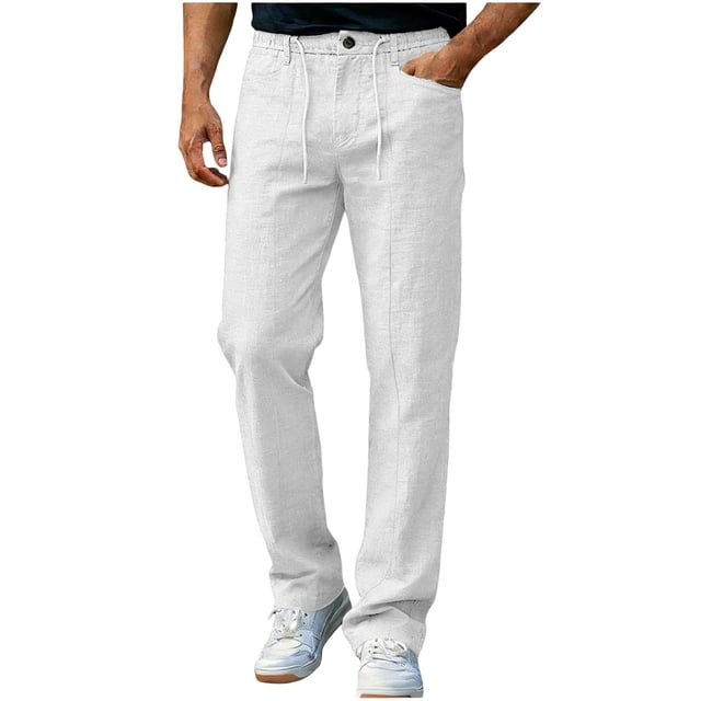 Nuoqisi Men's Casual Solid Color Linen Drawstring Button Long Pants - Breathable Trousers for Relaxed Summer Wear