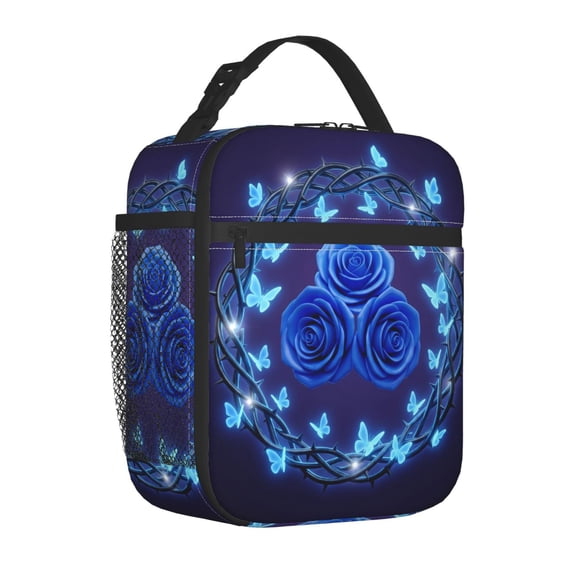 Blue Rose Lunch Box Reusable Thermal Tote Front Pocket Handheld Portable Work Office Picnic Daily Meal Bag