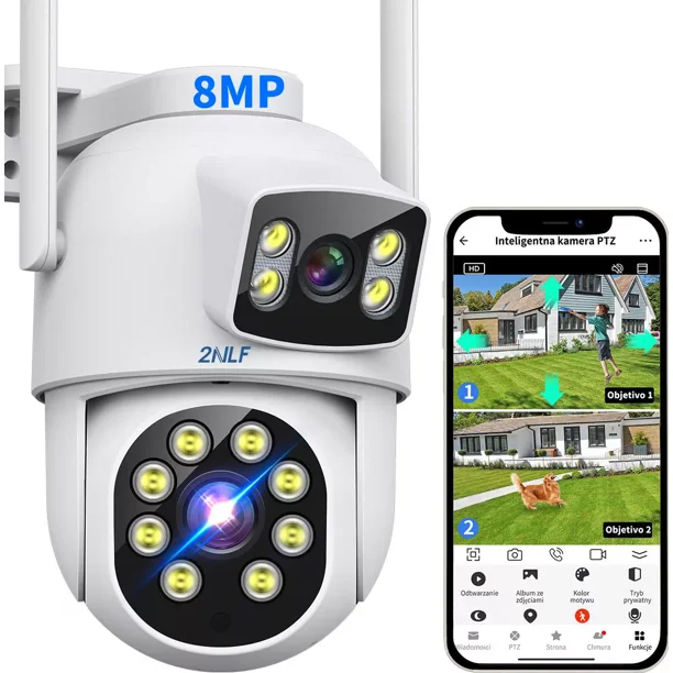 2nlf® 8mp Cámara Vigilancia Exterior Doble Lente Y Pantalla Color Blanco
