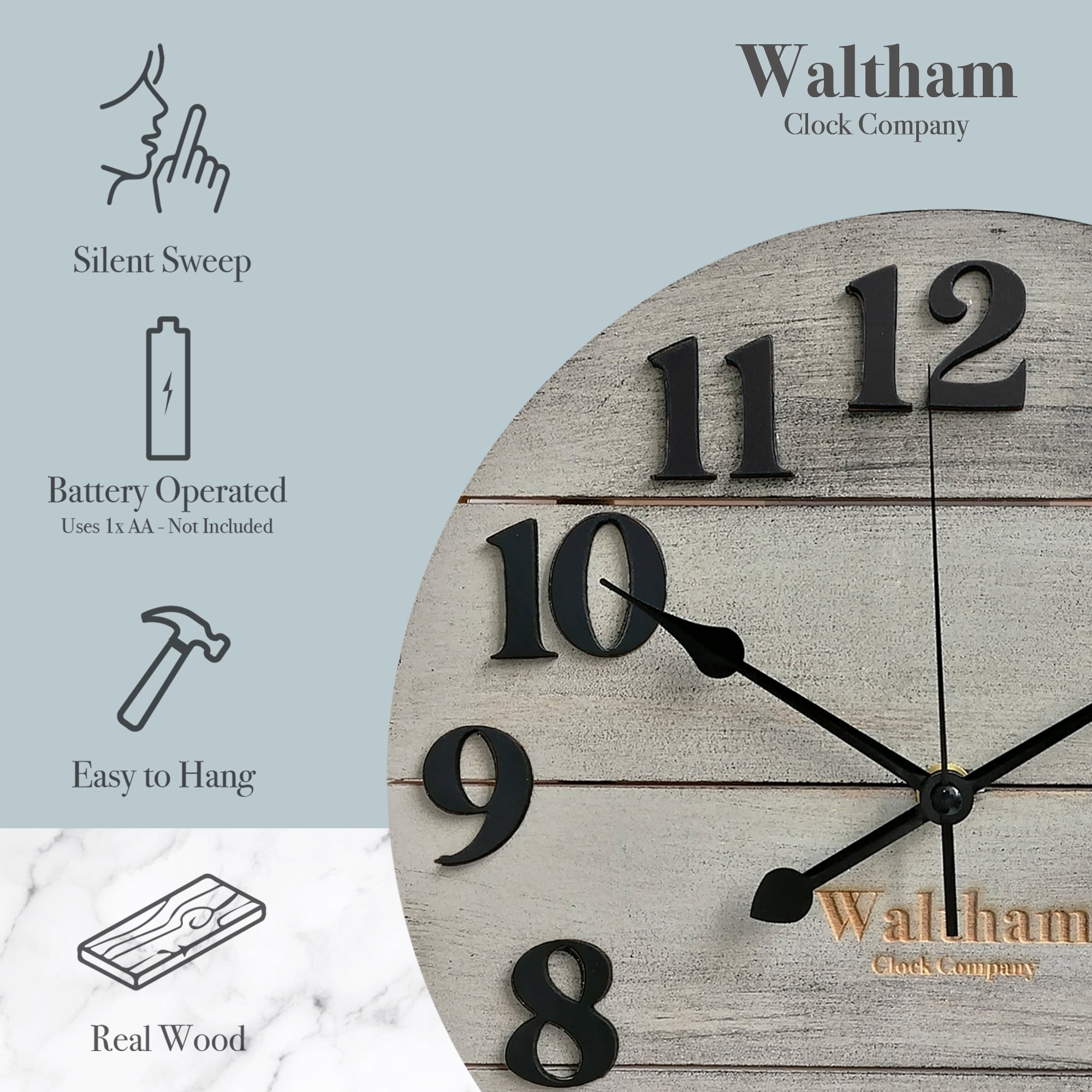 Waltham Real Wood Wall Clock, 12 inch, Battery Operated, Grey Finish - Made from Real Wood – not Particle Board or MDF- 100% Real Wood!