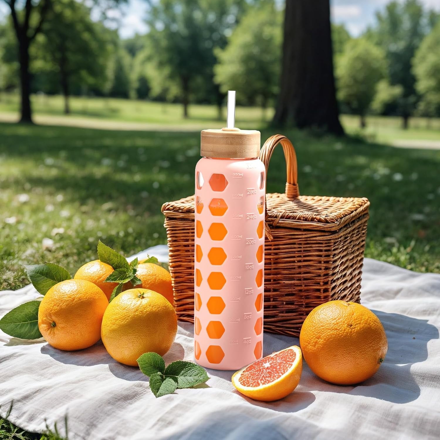 MUKOKO 32oz Glass Water Bottle, Glass Reusable Bottle with Silicone Sleeve and Straw, 1 Cup 2 Lids, Pink