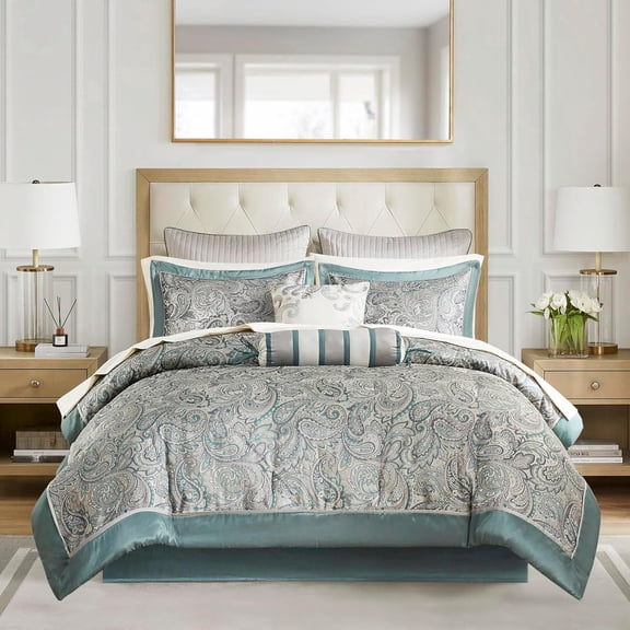Madison Park Cal King Size 12 Piece Comforter Set with Cotton Bed Sheets Teal,Bed in a Bag,All Season Bed Set,Cozy and Lightweight
