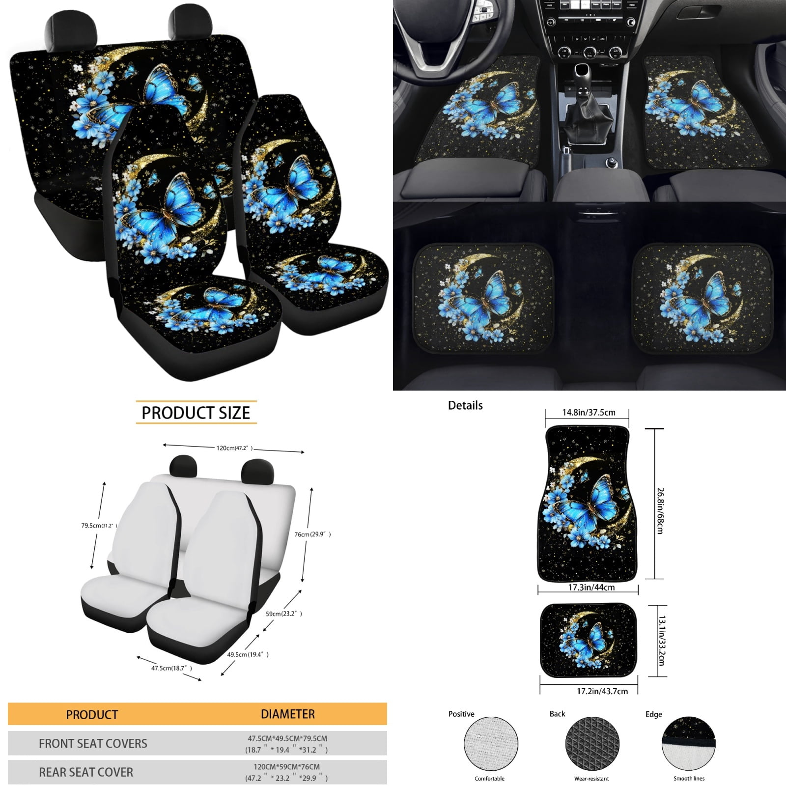 Yuyamidu Blue Butterfly Car Seat Cover Split Covers Moon Car Carpet Mats Blue Flower Steering Wheel Cover Seatbelt Pads Auto Handbrake Cover Set Coasters Auto Decor Set of 15