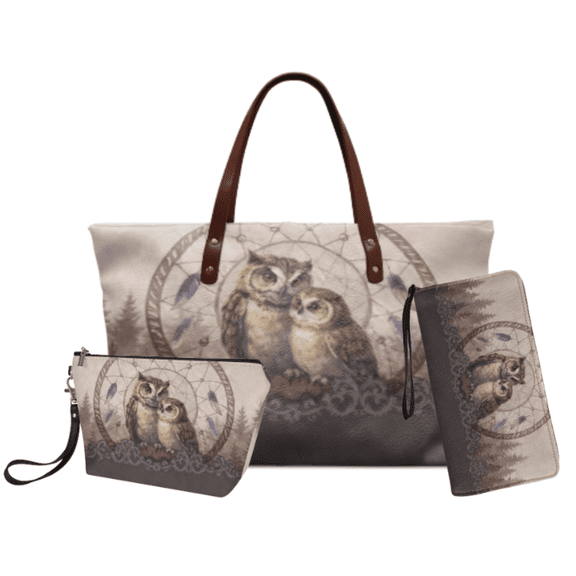 Tutolipy Owl Dreamcatcher Print 3 Pcs Shoulder Bag Set for Ladies, High Capacity Portable Hand Tote Bag with Wear Resistant Shoulder Purse for Shopping
