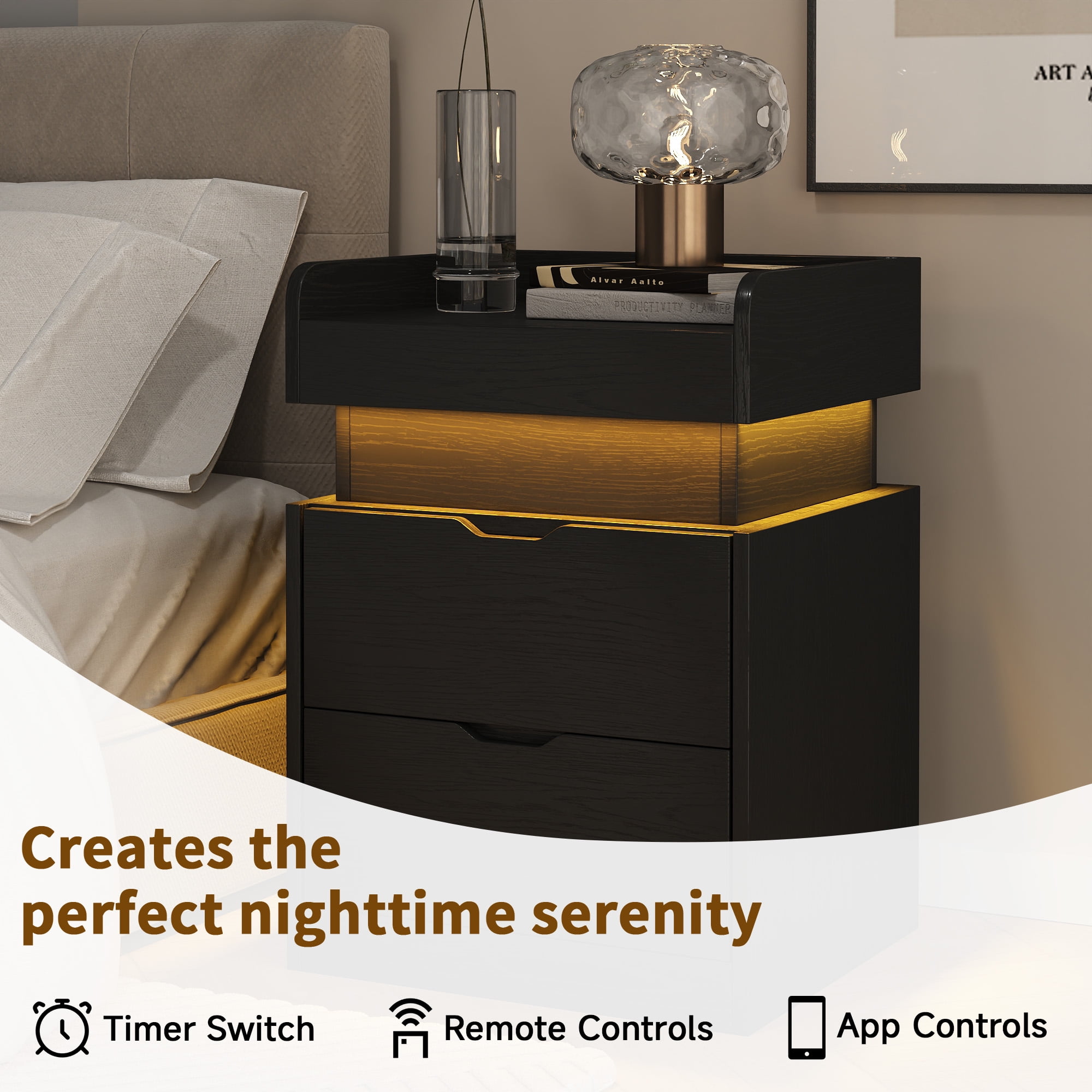 NEGYLIM Nightstand with Charging Station & Multi-Color LED Lights, Bedside Tables for Bedroom Modern Style with 2 Wooden Drawers & a Sliding Top, End Tables for Living Room, Black