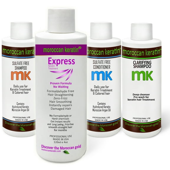 Moroccan Keratin Formaldehyde-Free Express Smoothing Straightening Hair Treatment No-Wait Formula Instant Results 120mlx4 with Clarifying Shampoo, Sulfate-Free Shampoo and Conditioner