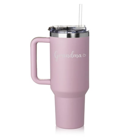 40 oz Tumbler with Handle and Straw Lid Stainless Steel Insulated Travel Mug Cup Grandma With Heart (Purple)