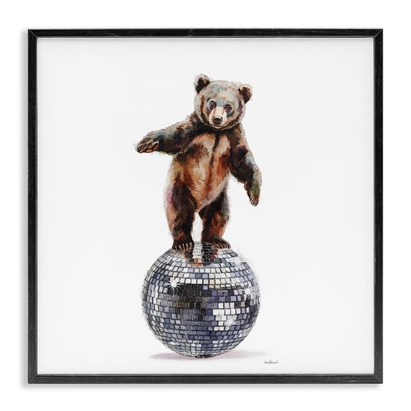 Stupell Industries Bear Balancing on Disco Ball Animals Painting Black Framed Art Print Wall Art, 12 x 12