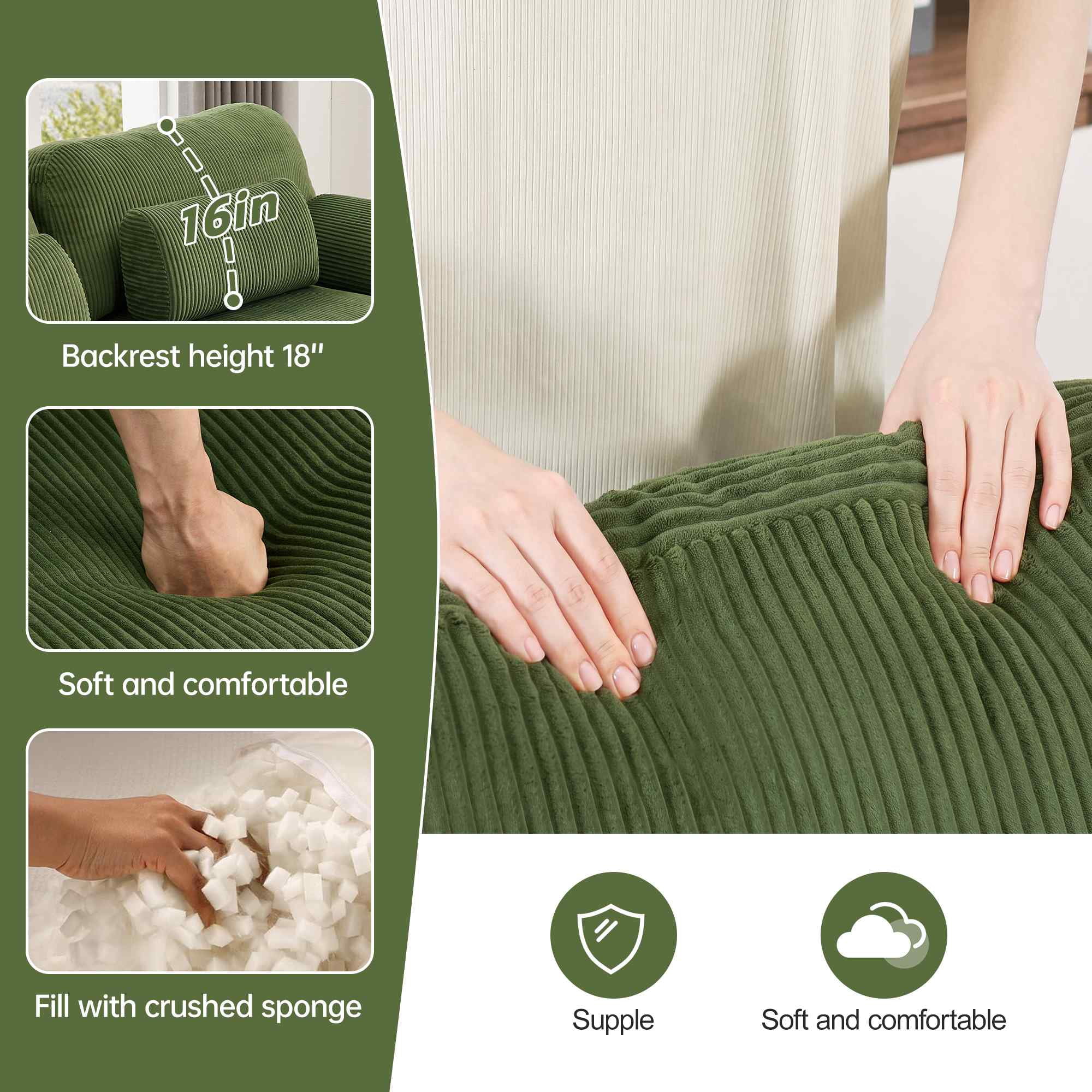 FFH 76.4" Modular Sectional Cloud Couch, Modern Corduroy Loveseat, 2 Seater Sofa for Living Room, Green