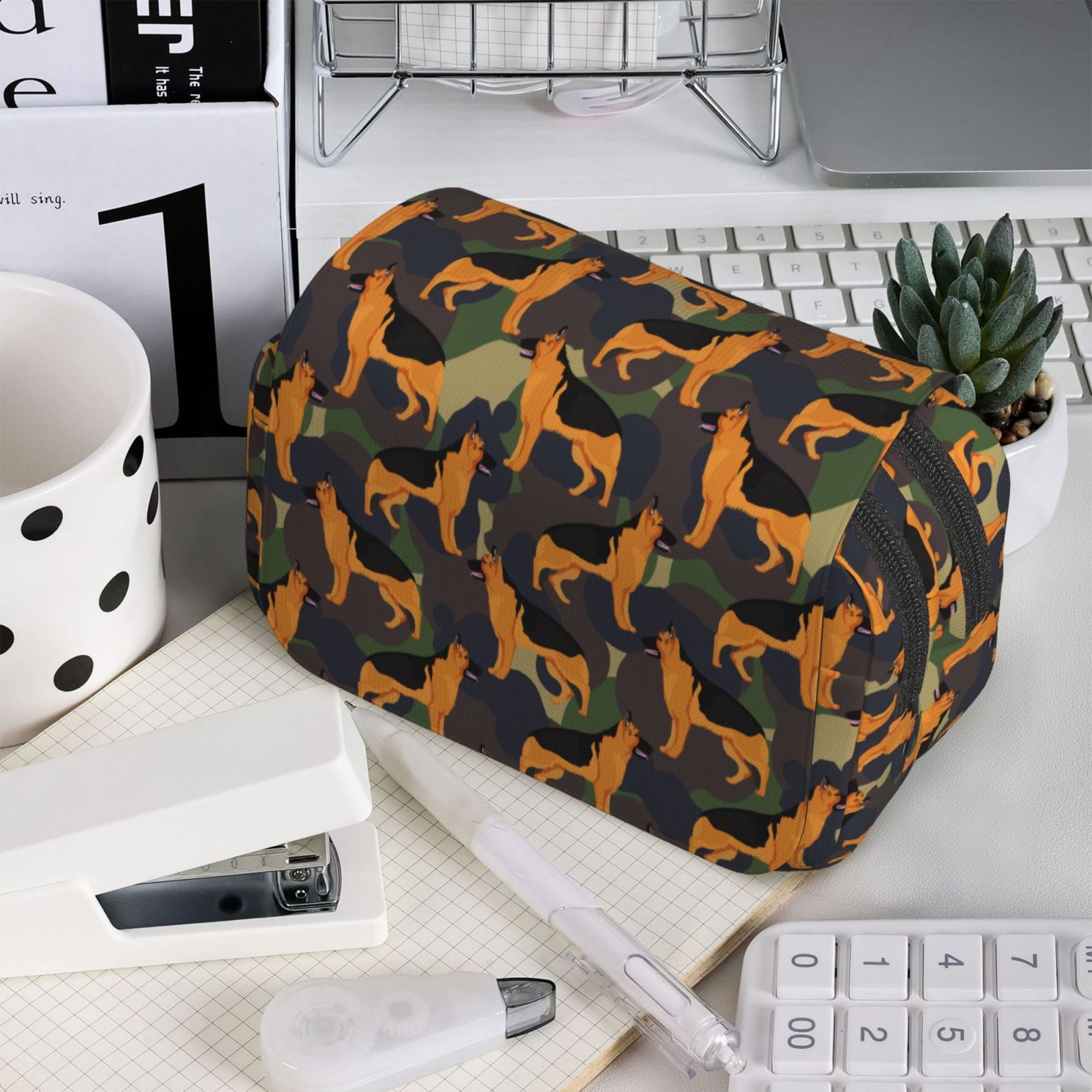 Rateoe German Shepherd Dog Pattern Double Clamshell Pen Case, Storage Organizer with Two Zipper Compartments– Holds Up to 50 Pencils & Pens