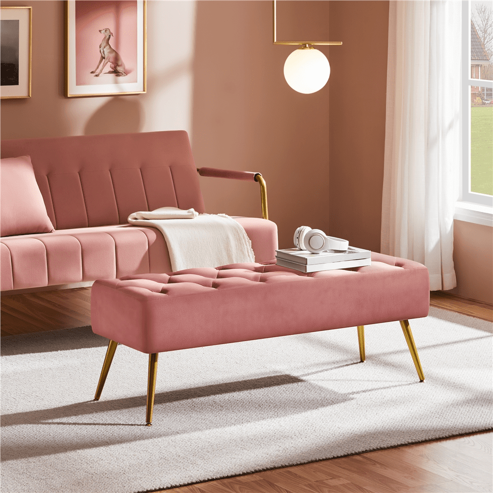 Alden Design Modern Ottoman Velvet Footstool Bench for Bedroom, Pink