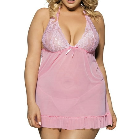 IDALL Halter Dresses for Women Sexy Lingerie for Women Pajamas 2Pcs Negligee Lace Plus Size Nightwea Underwear Lace Tops for Women Plus Size Lingerie for Curvy Women Pink 3XL