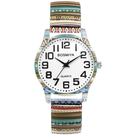 Avaner Stretch Band Watches for Women: Bohemia Flower Easy Reader Elastic Band Watch Large Face Big Number Analog Quartz Bracelet Watch Expansion Band Wristwatch